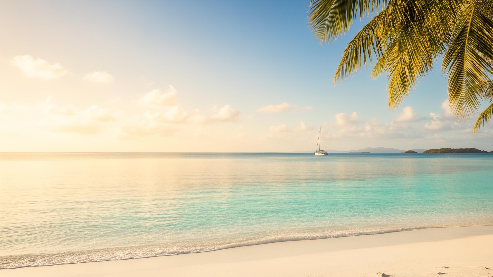Lagon turquoise et plage de sable blanc au lever du soleil